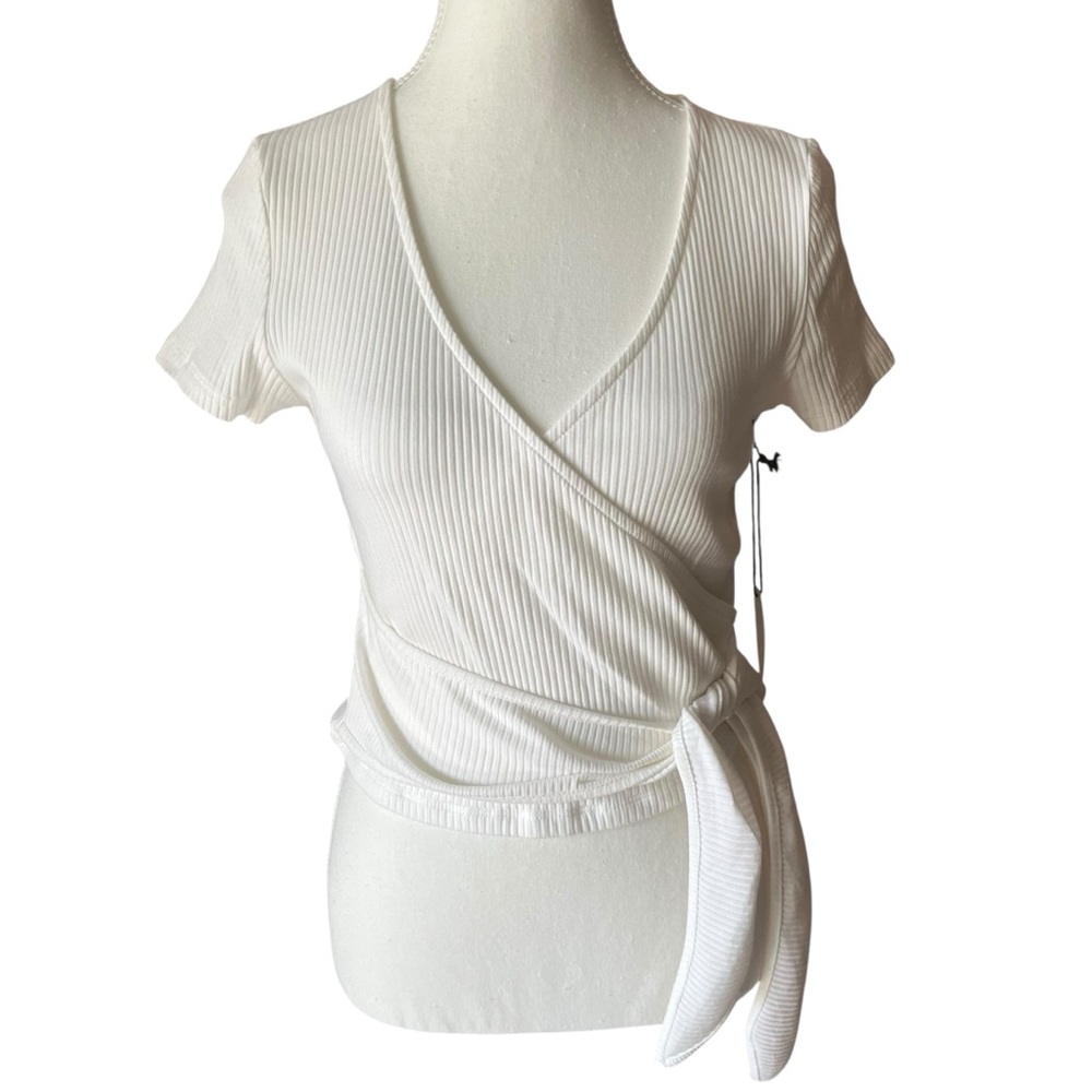 Milk & Honey Women's M White Ribbed Faux Wrap Top Casual Stretch Cotton Blend